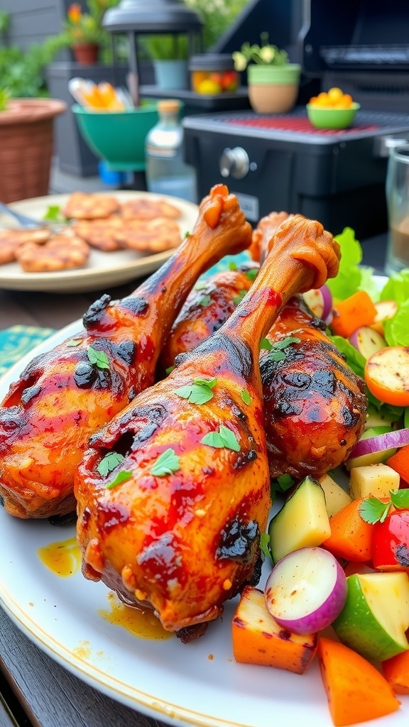 Grilled chicken drumsticks on a plate with fresh herbs, served with salad and grilled vegetables.